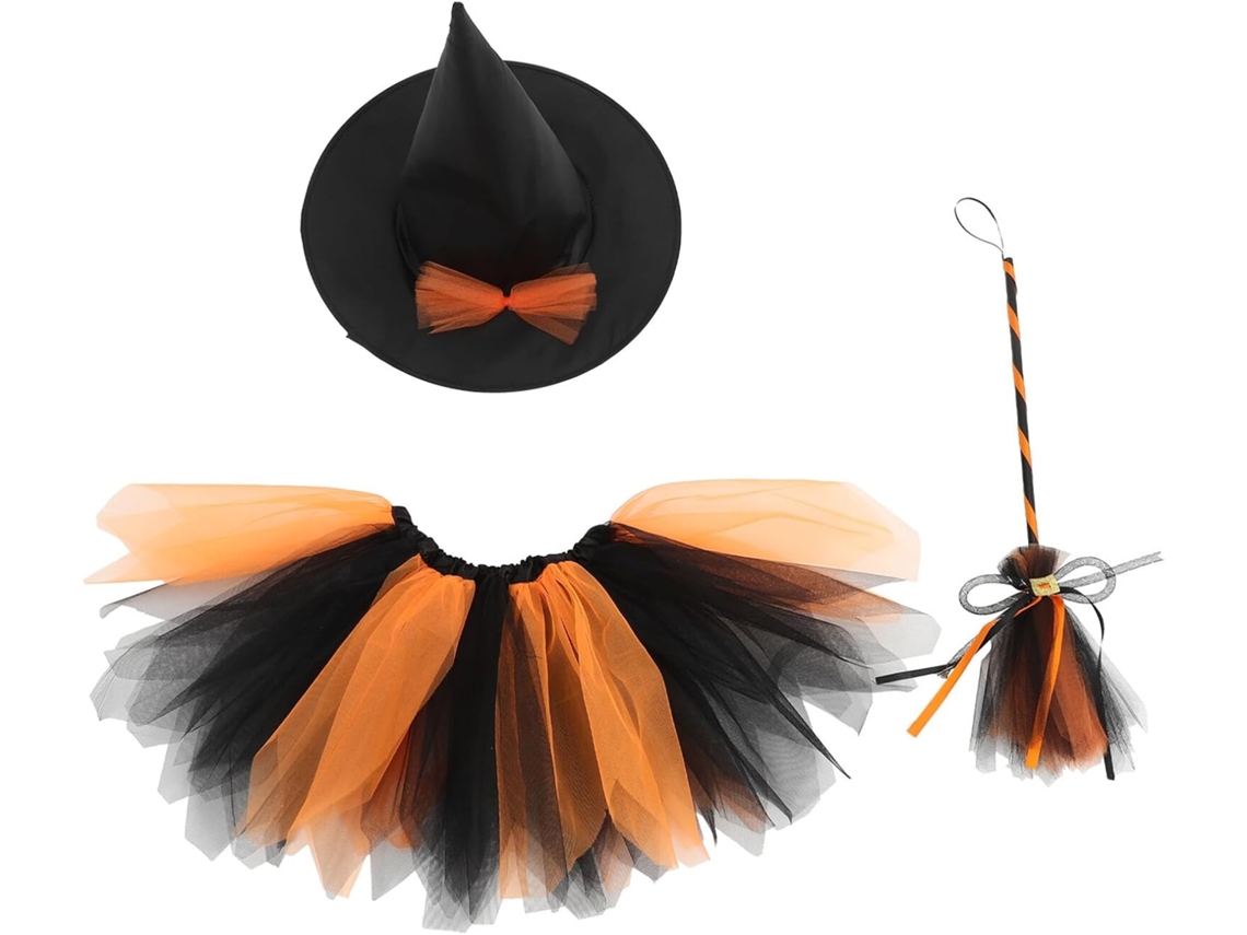 Disfraz De Bruja De Halloween Para Niñas: Vestido, Falda, Sombrero Y Varita Mágica.