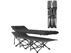 Cama plegable de camping con colchón ergonómico y estructura metálica negra.