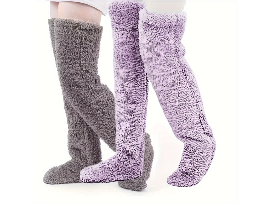 2 pares de calcetines hasta la rodilla, calcetines altos y cálidos para el invierno, calentadores de piernas suaves y cálidos (gris-violeta) Cuich