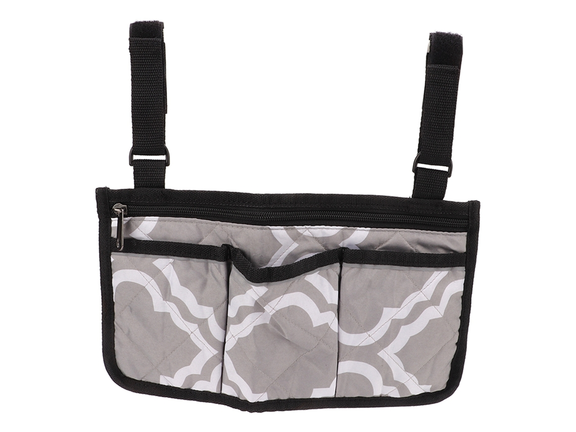 Bolsa de almacenamiento lateral para silla de ruedas con múltiples bolsillos y bandas reflectantes.