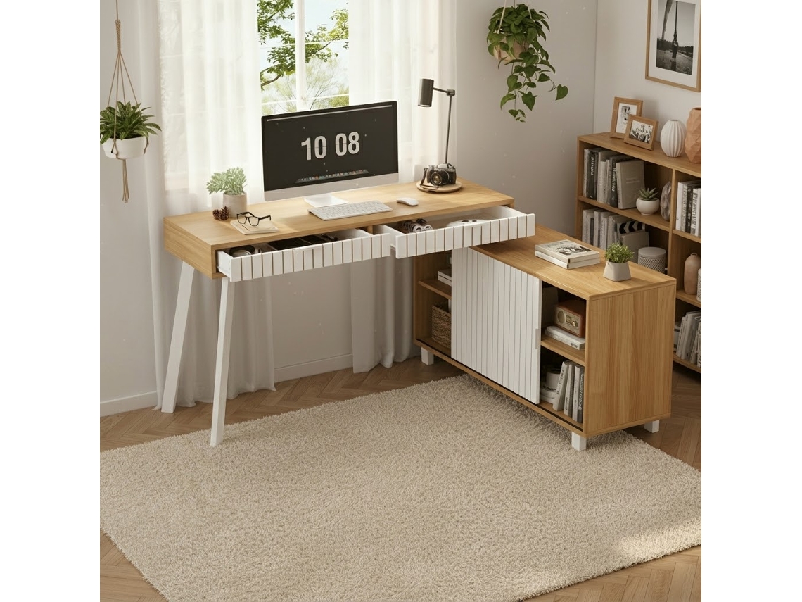 Escritorio En L 140x120x76,5 Cm - Estilo Moderno Minimalista, Patrón De Rayas Verticales, Patas De Acero, 2 Cajones, Armario Amplio - Natural/blanco