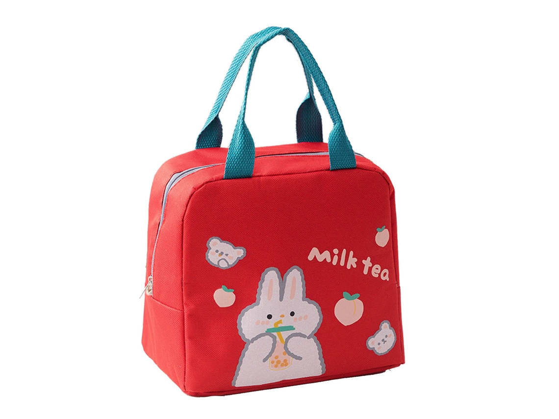 Bolsa De Almoço Estilo Cartoon Com Fecho Zíper E Alça Larga Para Estudante Vermelha