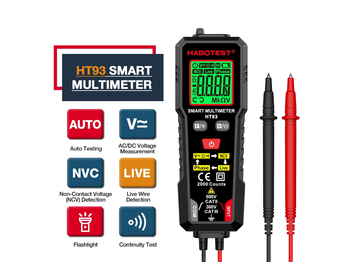 Multímetro Digital Habotest Ht93 De Rango Automático Con Detección De Ncv, Prueba De Cables Con Corriente Y Linterna Led.