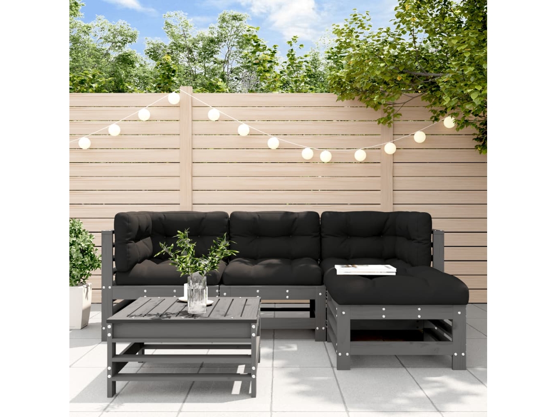 5pcs Conjunto Lounge Jardim Com Almofadões Madeira Maciça Cinza Dkd Decoración Del Hogar