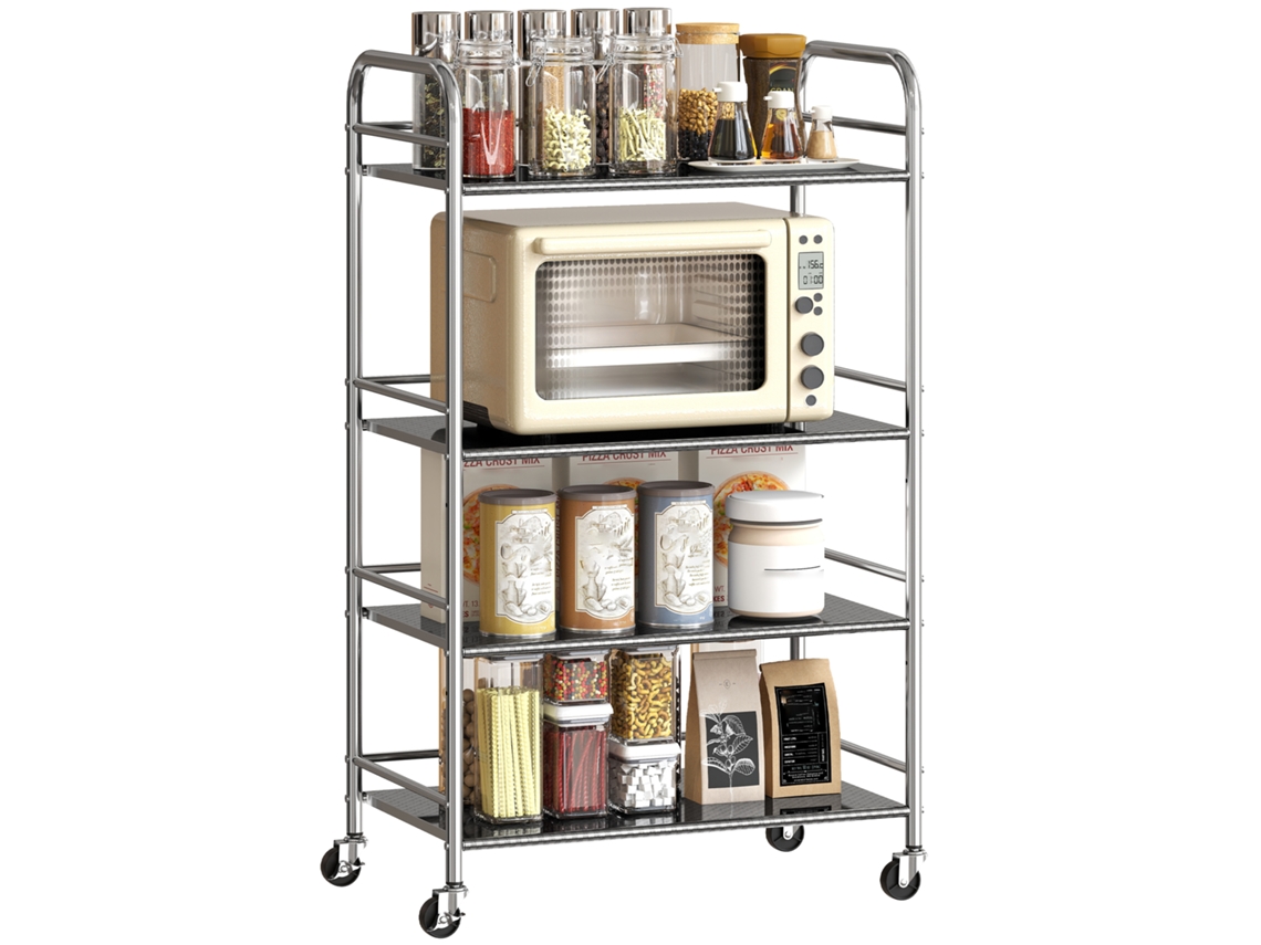 Carrito De Cocina De 4 Niveles, De Acero Inoxidable (201), Con Asas Y Ruedas, 60 X 35 X 100 Cm, Color Plata.