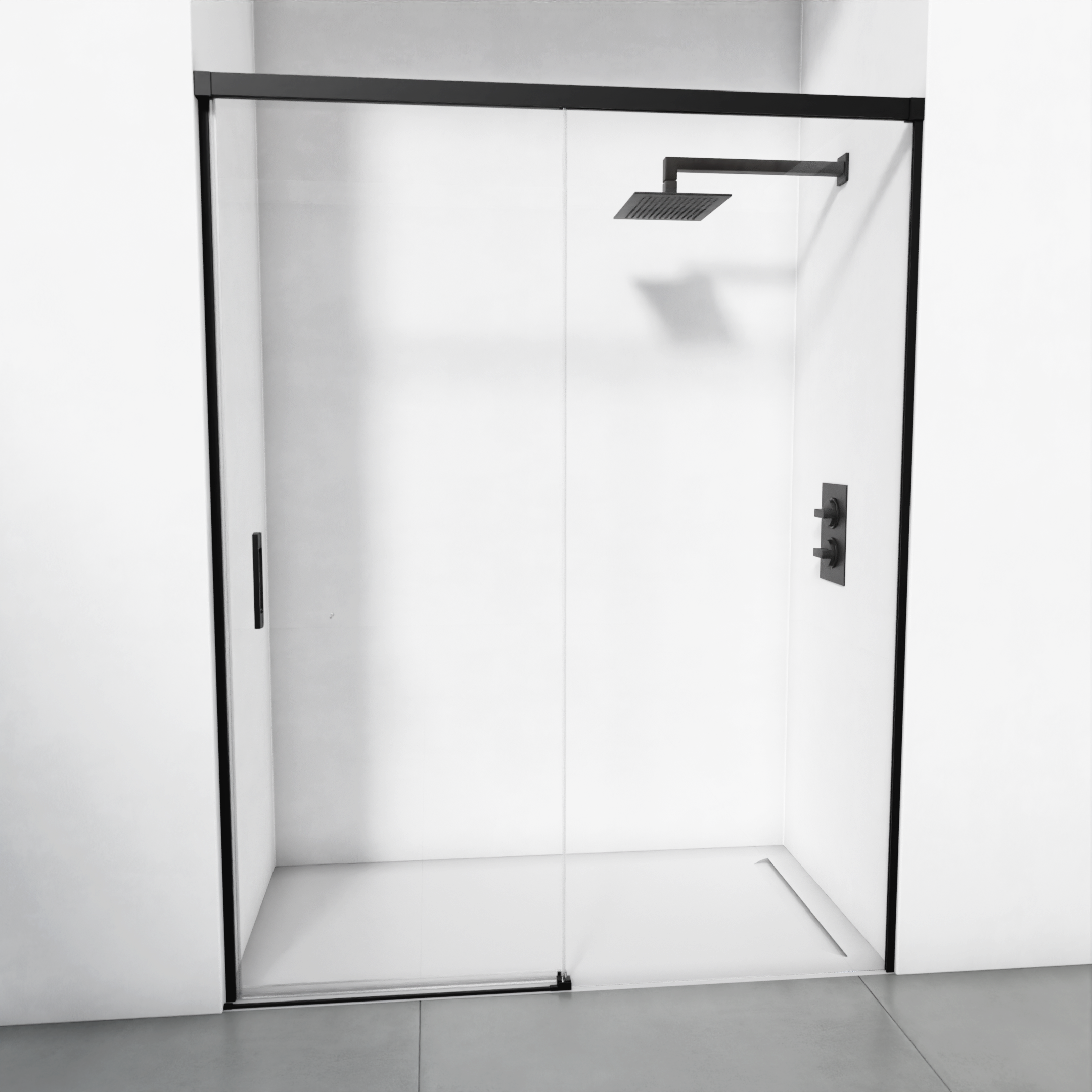 Mampara de ducha reversible, 1 corredera, 1 fija, cristal transparente de 6 mm, antical, negro mate, ancho 136 x 140 x 195 cm, Bellobath
