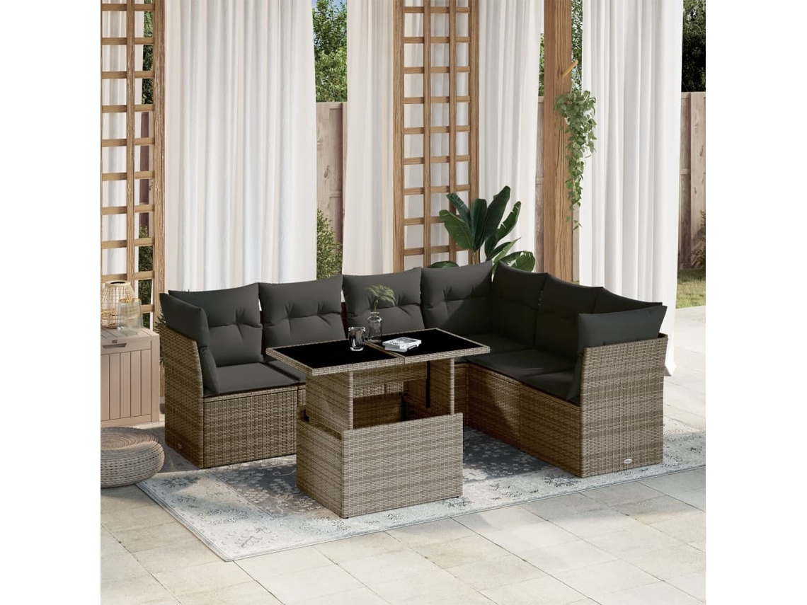 Conjunto de sofá de jardín de 7 piezas con cojines, mimbre gris, DKD Home Decor