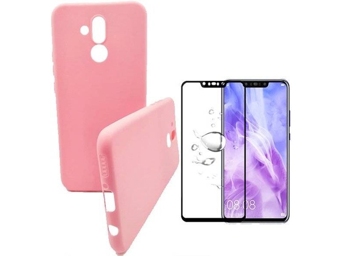 Kit Carcasa y Protector de Cristal 5D Full Cover Huawei Mate 20 Lite Silicona Rosa