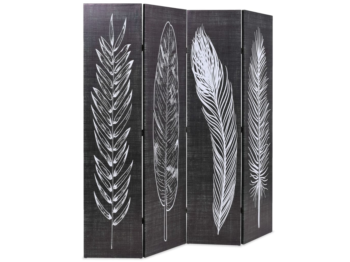 Biombo plegable | Biombo | Biombo con estampado de plumas 160x170 cm Blanco y negro