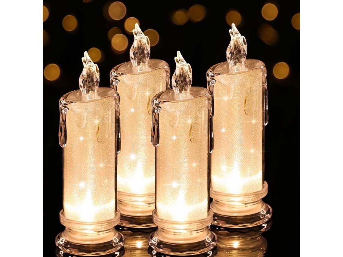 4 velas LED sin llama (6,5 x 6,5 x 18,5 cm) con pilas incluidas, decoración para habitaciones y cumpleaños, LED + material PP