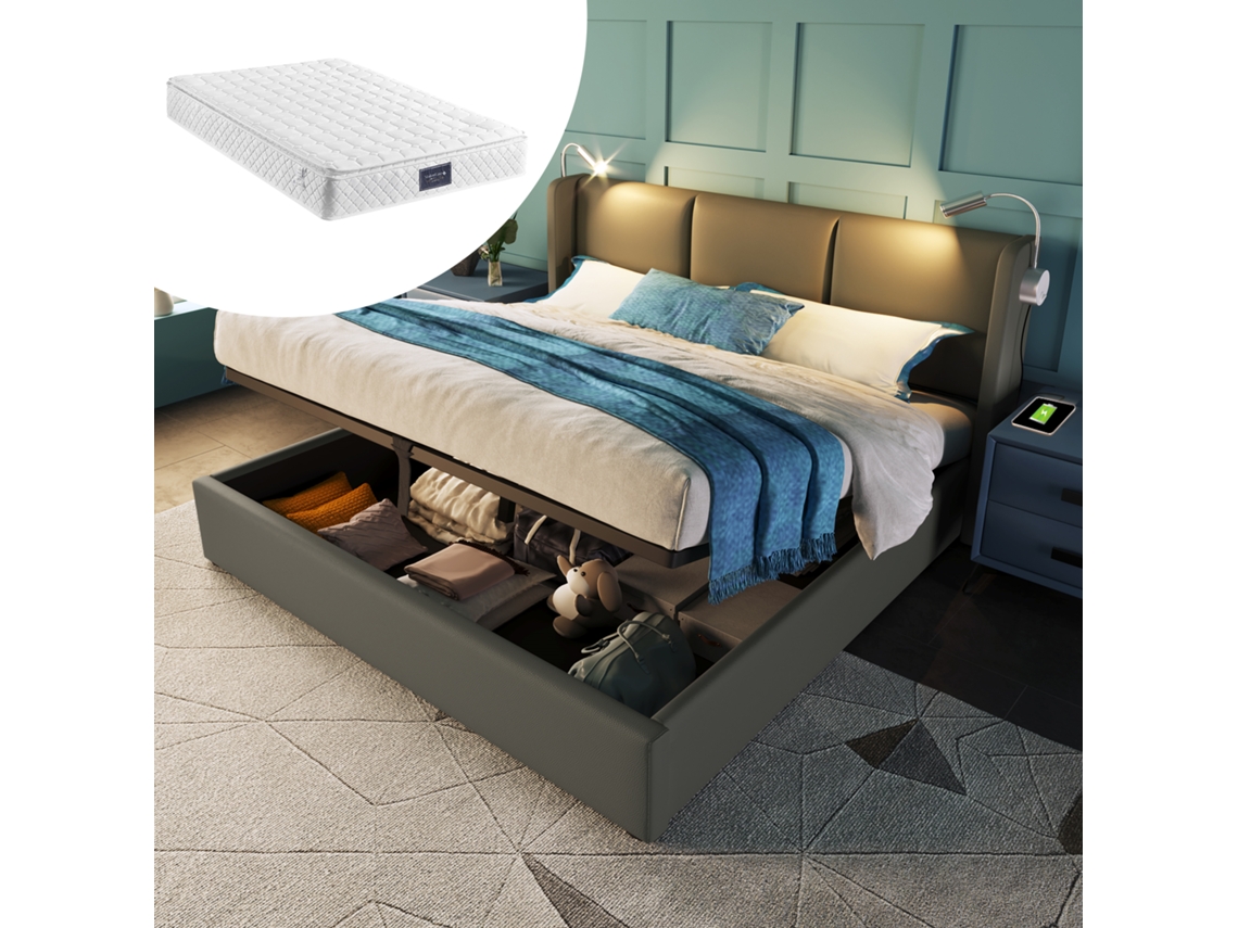 Cama Tapizada 160x200 Cm, Almacenamiento, Cabecero Led Con Usb, Piel Sintética, Colchón Y Base Incluidos.