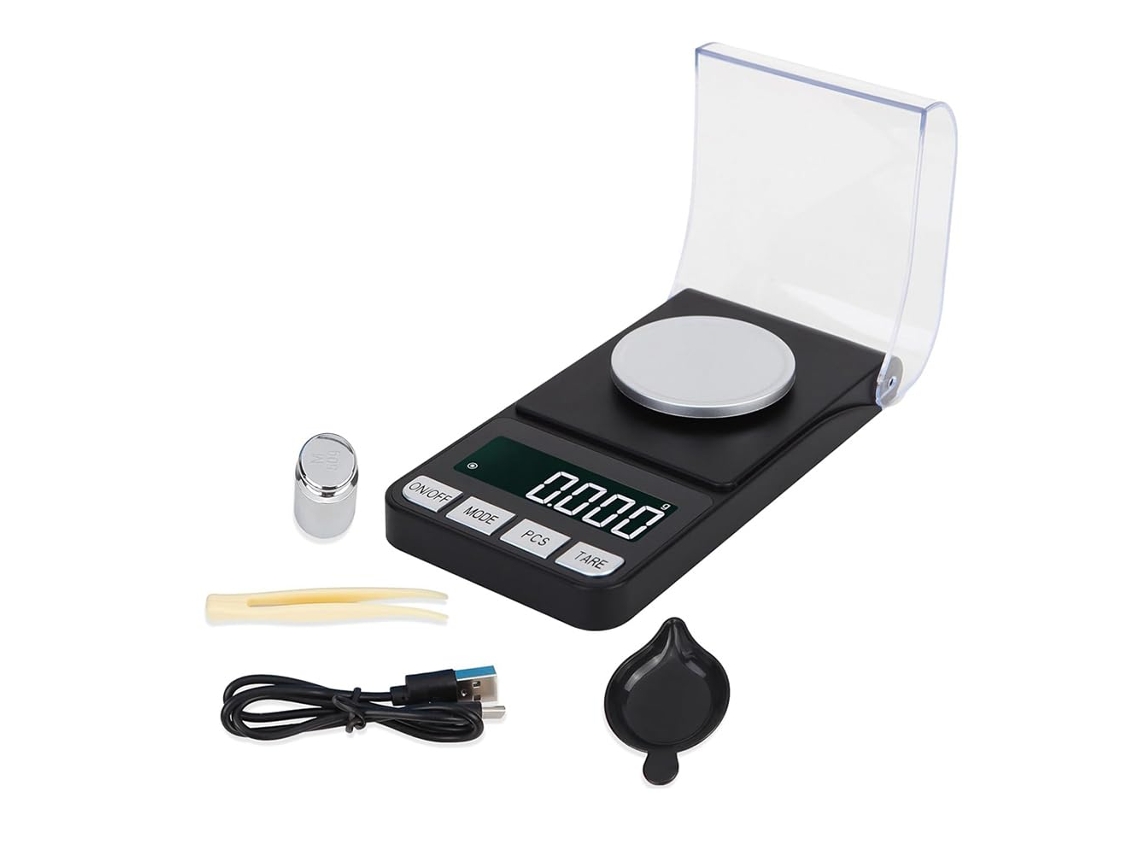 Báscula digital de alta precisión de 100 g/0,001 g, de bolsillo, con recarga de pesa de calibración de 50 g Gokoco