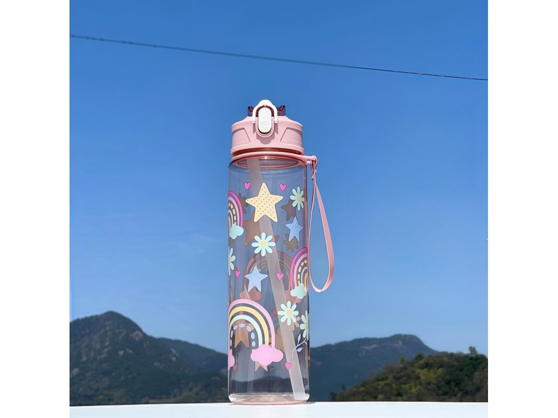 Botella de agua infantil de 750 ml de capacidad, fabricada en plástico ecológico. Mdug (arcoíris transparente).