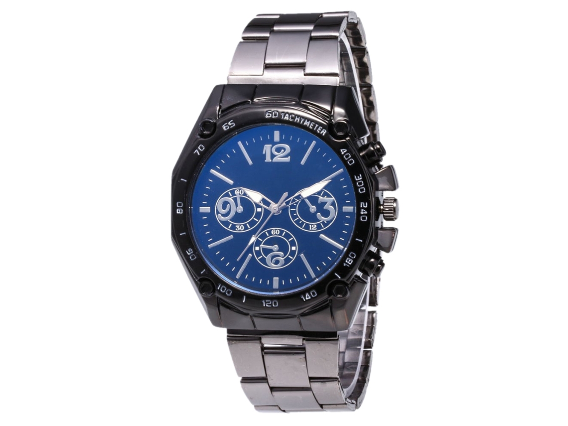 Reloj De Pulsera Para Parejas Con Elegante Brazalete De Acero, Caja Redonda Y Esfera Negra Y Azul.