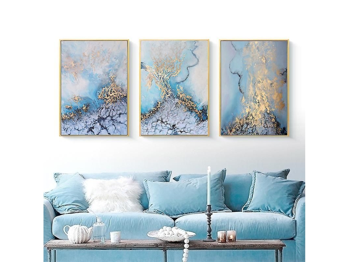 Juego De 3 Lienzos Decorativos Abstractos Con Estampado De Mármol Azul.