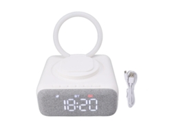Altavoz Bluetooth con carga inalámbrica, despertador, radio FM y luz LED.