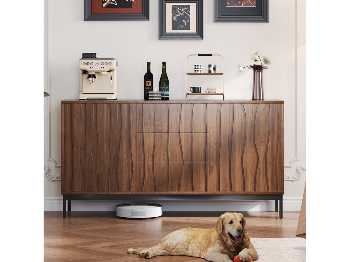 Aparador de 150 cm con 3 cajones, modelo grande, corte simple, estilo moderno de mediados de siglo, roble oscuro