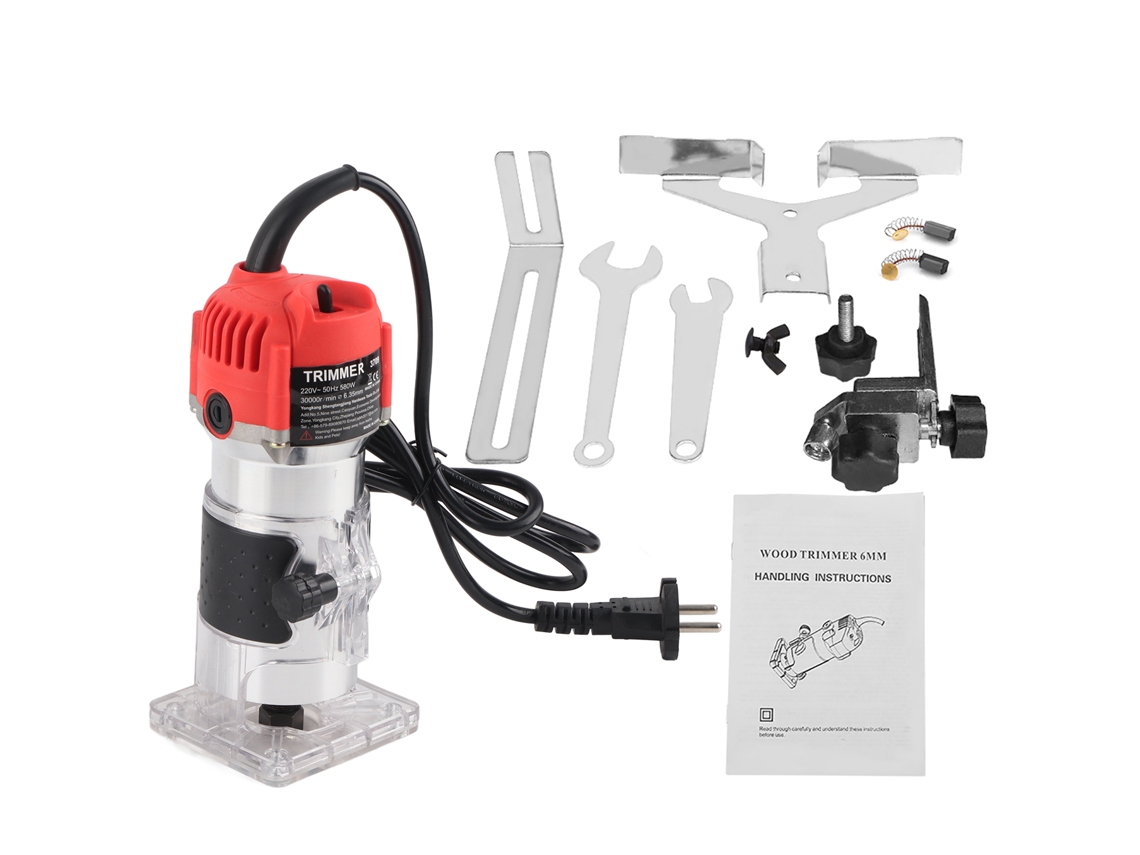 Recortadora Eléctrica De Madera Portátil De 580 W Y 30000 Rpm Con Base Transparente Y Escala Ajustable.
