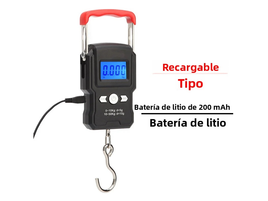 Báscula Electrónica Portátil De Mano (recargable) Con Función De Colgar, Rango De Pesaje 50 Kg/5 G, Pantalla Lcd.