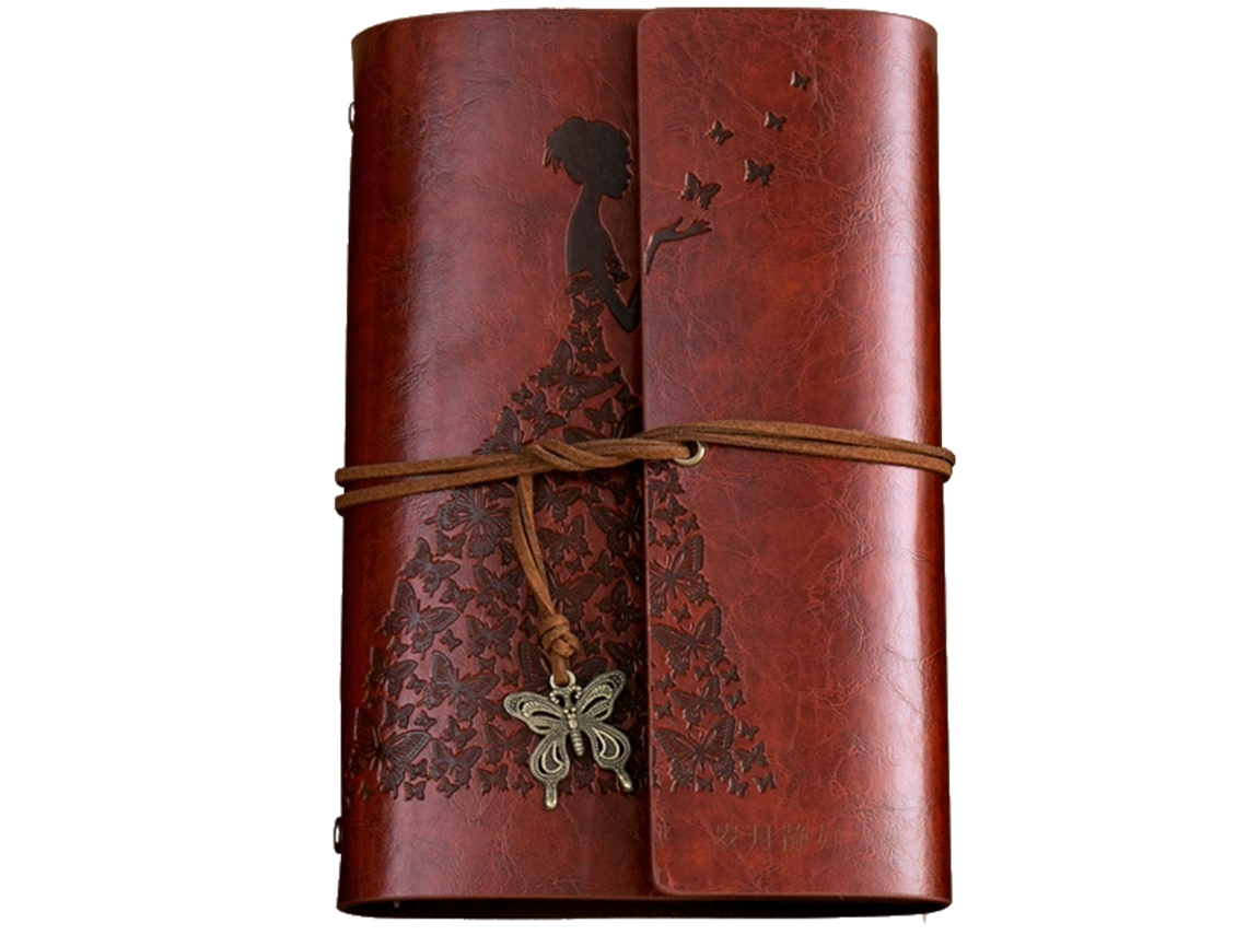 Libreta vintage Kraft A6 de hojas sueltas con tapa de cuero, colores: rojo, gris, marrón, amarillo, azul claro y dorado.