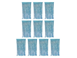 10 Cortinas Reutilizables De Flecos De Oropel Metálico Para Fiestas, Cumpleaños Y Decoración, Con Fondo Azul Claro.
