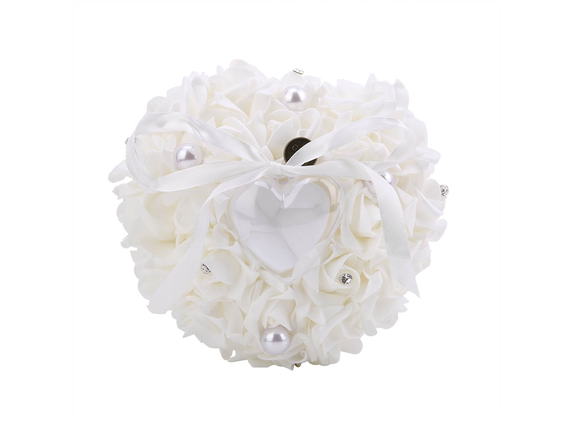 Caja Romántica Para Anillos De Boda Con Forma De Corazón, Hecha A Mano En Satén Blanco.