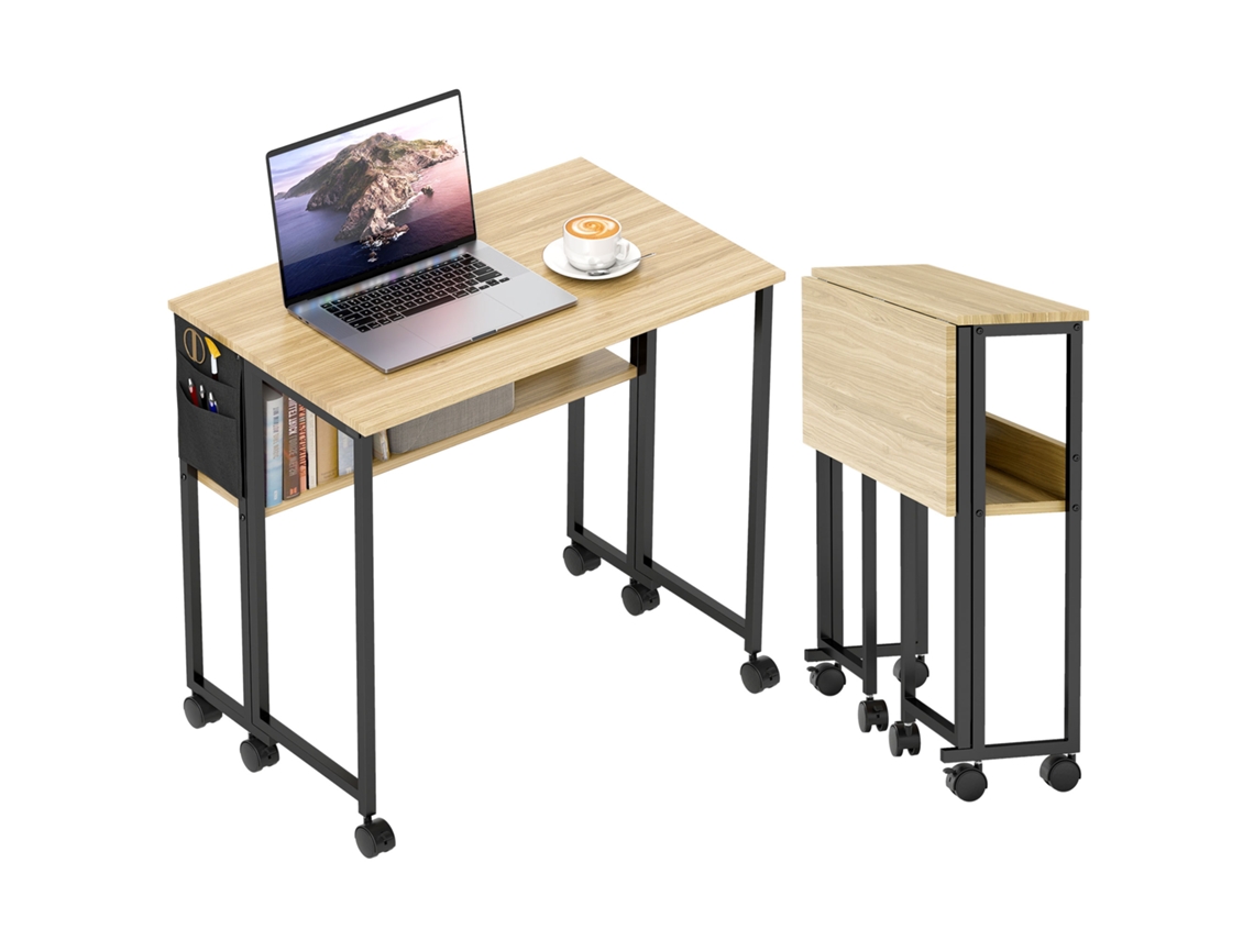 Mesa plegable con ruedas de 80x50 cm, estante y bolsa de almacenamiento, color roble.