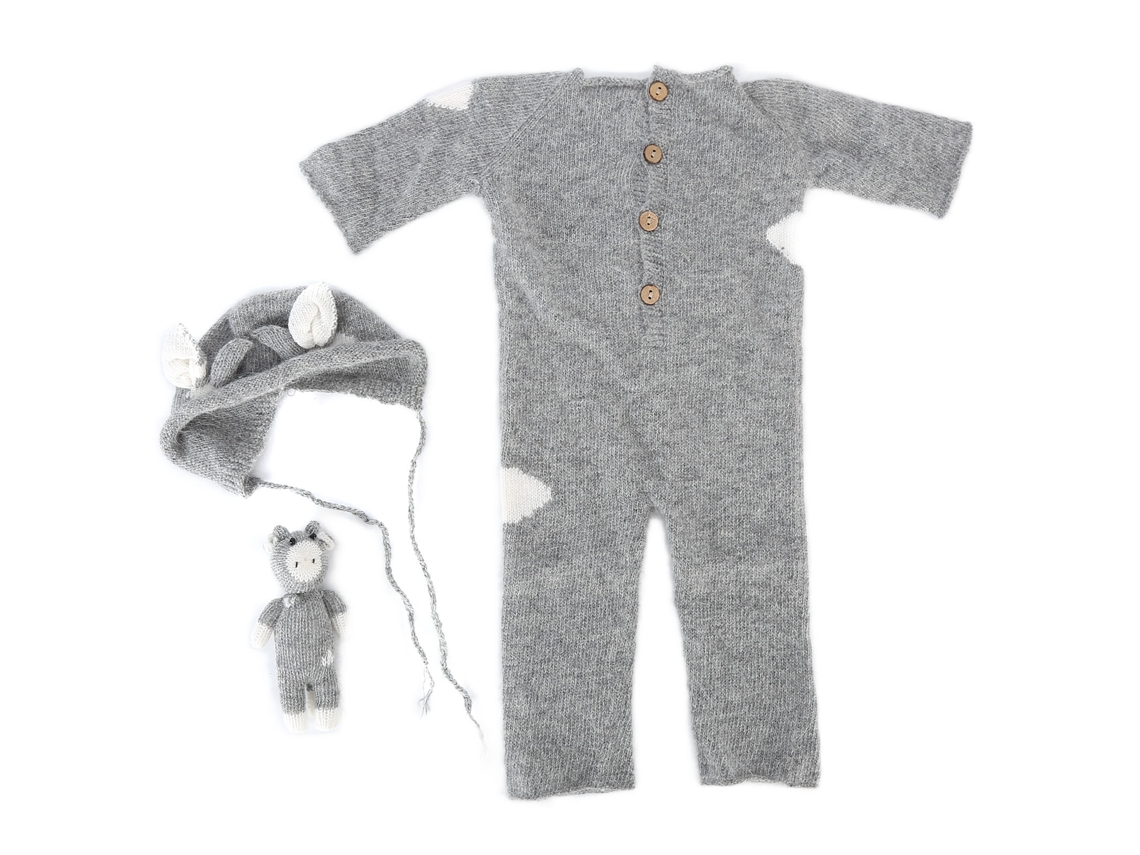Traje De Fotografia Para Recém-nascido Macacão Chapéu Brinquedo Conjunto 0-3 Meses Cinza