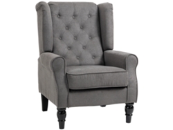 Sillón Vintage Respaldo Alto Tapizado Botones Patas Madera Gris Negro