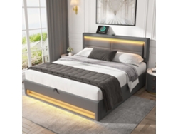 Cama Tapizada 140x190 - Con Puerto Usb, Carga Inalámbrica Y Por Cable, Iluminación Led Y Almacenamiento - Gris