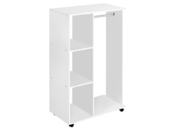 Armario abierto con ruedas y estantes para colgar y doblar ropa, 80x40x128 cm, blanco.