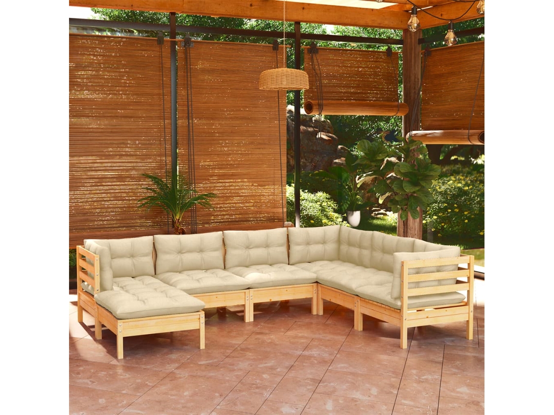 Conjunto 7 Peças Lounge Jardim C/ Almofadões Creme Pinho Maciço Dkd Home Decor