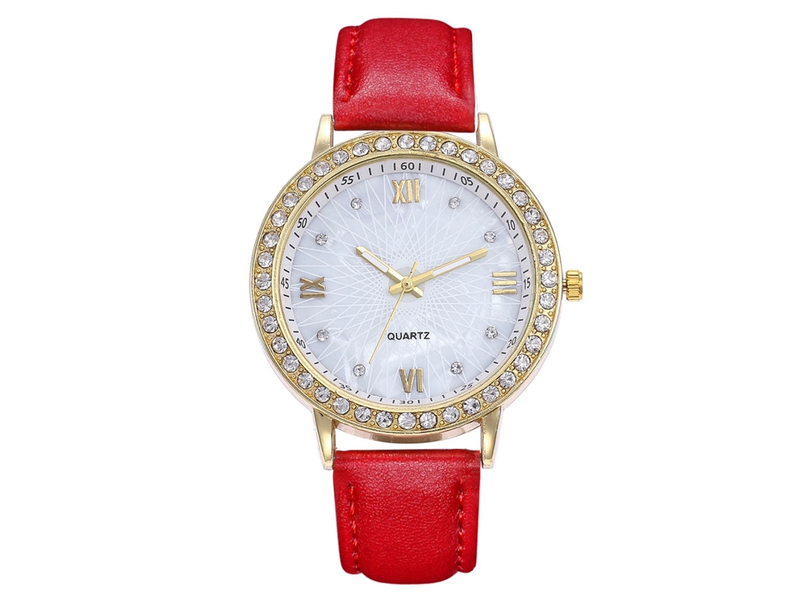 Reloj De Cuarzo Con Correa De Cuero Sencilla, Moderna Y Elegante, Y Manecillas Decoradas En Rojo.