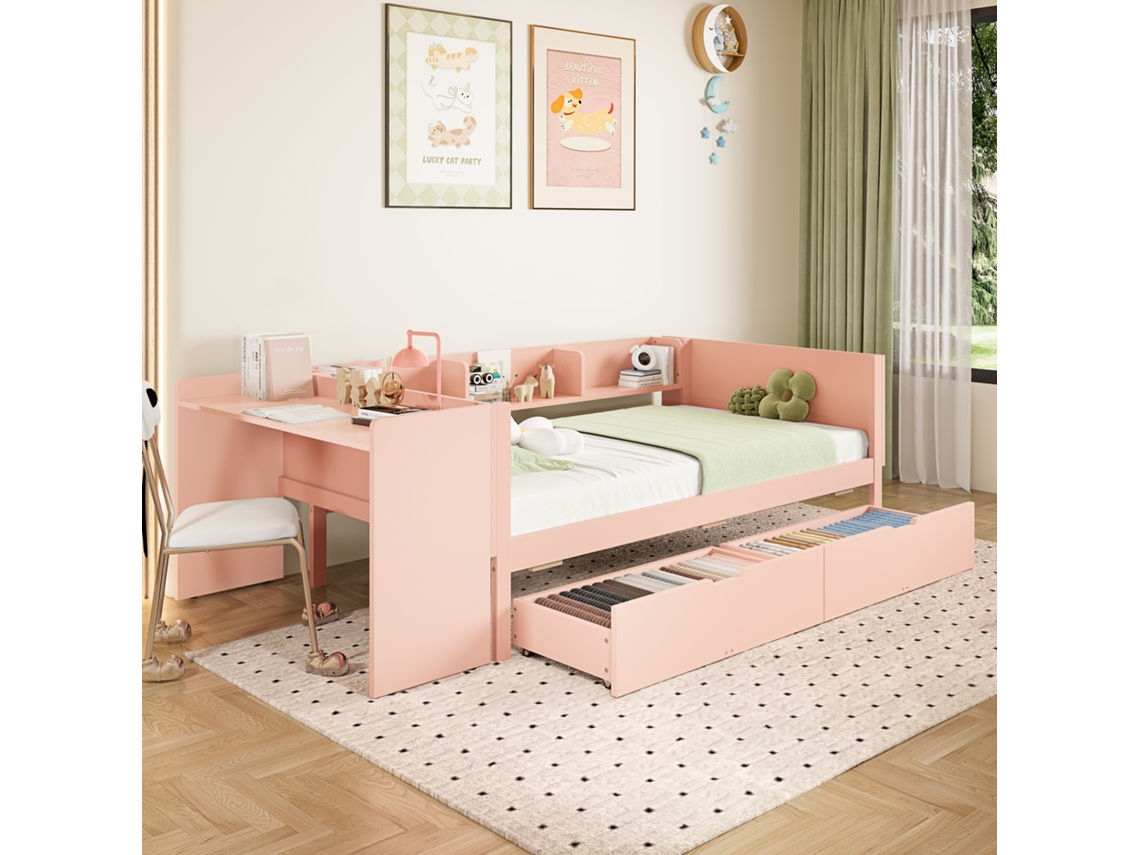 Cama Individual De 90x200 Cm Con Escritorio, 2 Cajones Y Estantes, Madera Rosa, Colchón No Incluido.