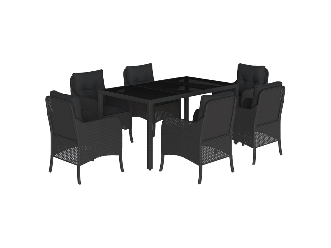 Juego de 7 piezas de comedor de jardín con cojines de mimbre, color negro, EXCLUSIVA DE LA CASA