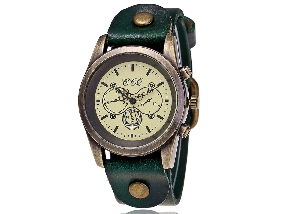 Reloj De Cuero Pu Redondo De Moda Retro Bronce Unisex De Cuarzo (verde)