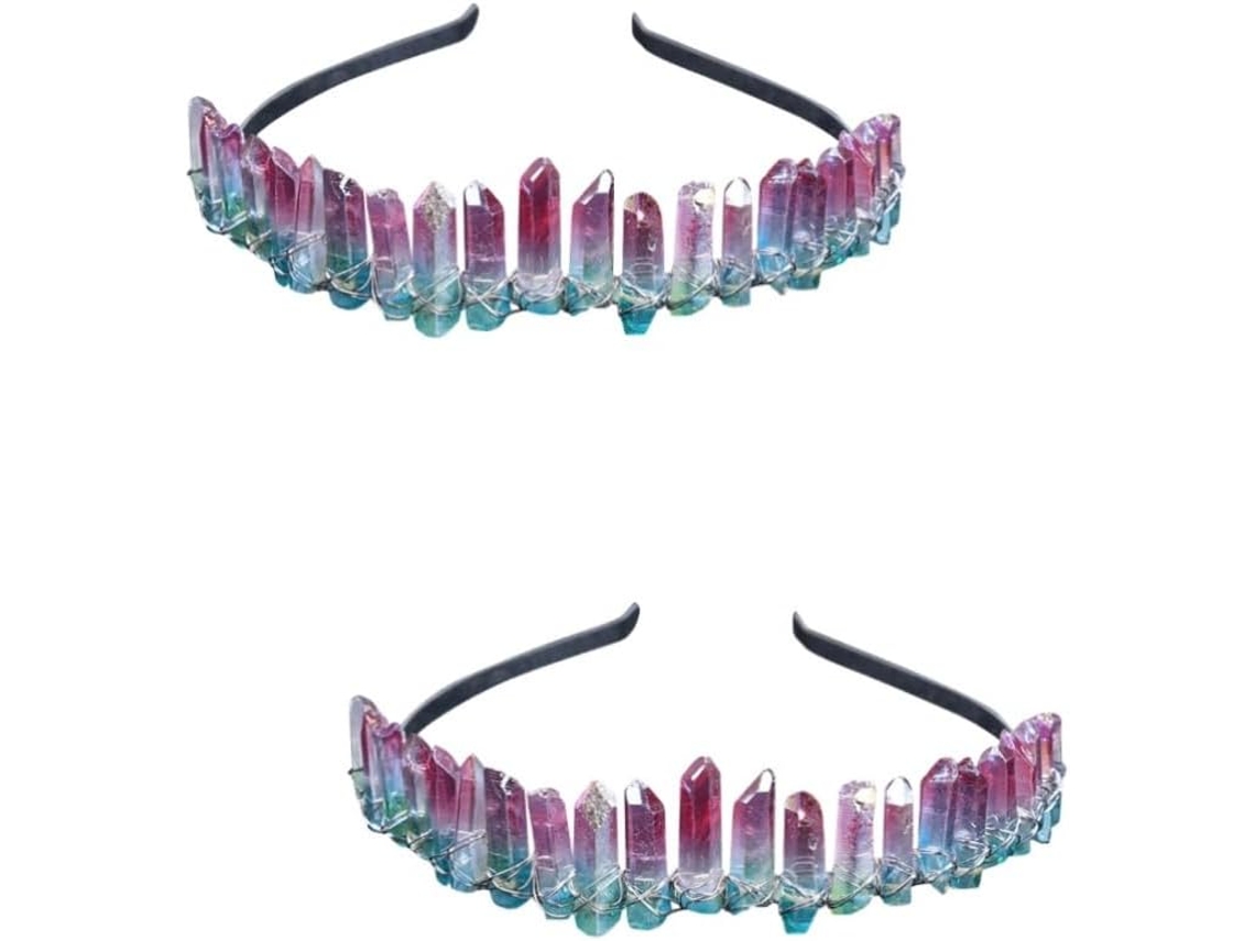 2pièces Diadème Corona Quartz Rosa Et Verde Accessoire Élégant Pour Cabello Diadema Transparent
