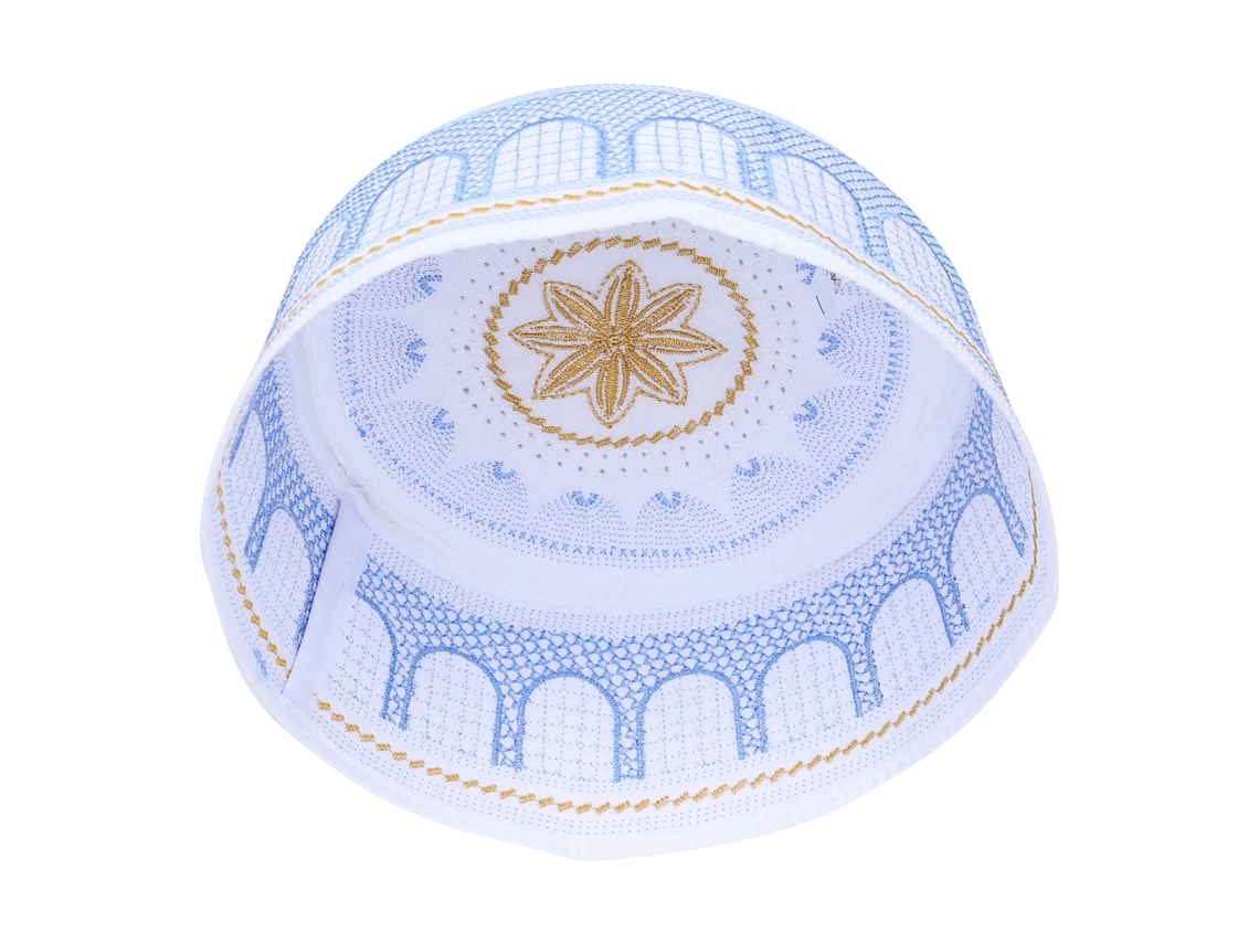 Gorro Musulmán Azul Bordado Para El Culto Diario, Poliéster Y Algodón, Ventilado.