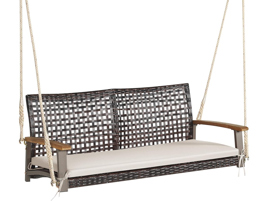 Banco Columpio de Exterior con 2 Asientos, Columpio de Ratán PE, Respaldo Curvado y Reposabrazos de Madera de Acacia, Carga 360 kg COSTWAY