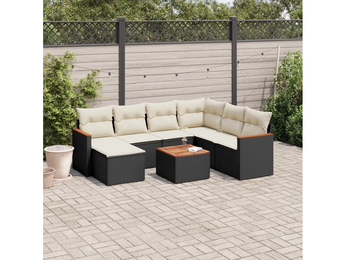 Conjunto de 8 sofás de jardín con cojines de mimbre sintético negro, Dkd Home Decor