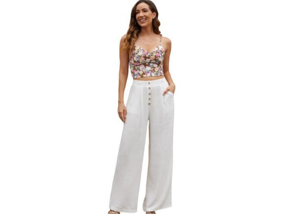 2026-pantalones Anchos De Algodón Y Lino Para Mujer De Cintura Alta Con Bolsillos Verano Flowy Casual Xxl Blanco