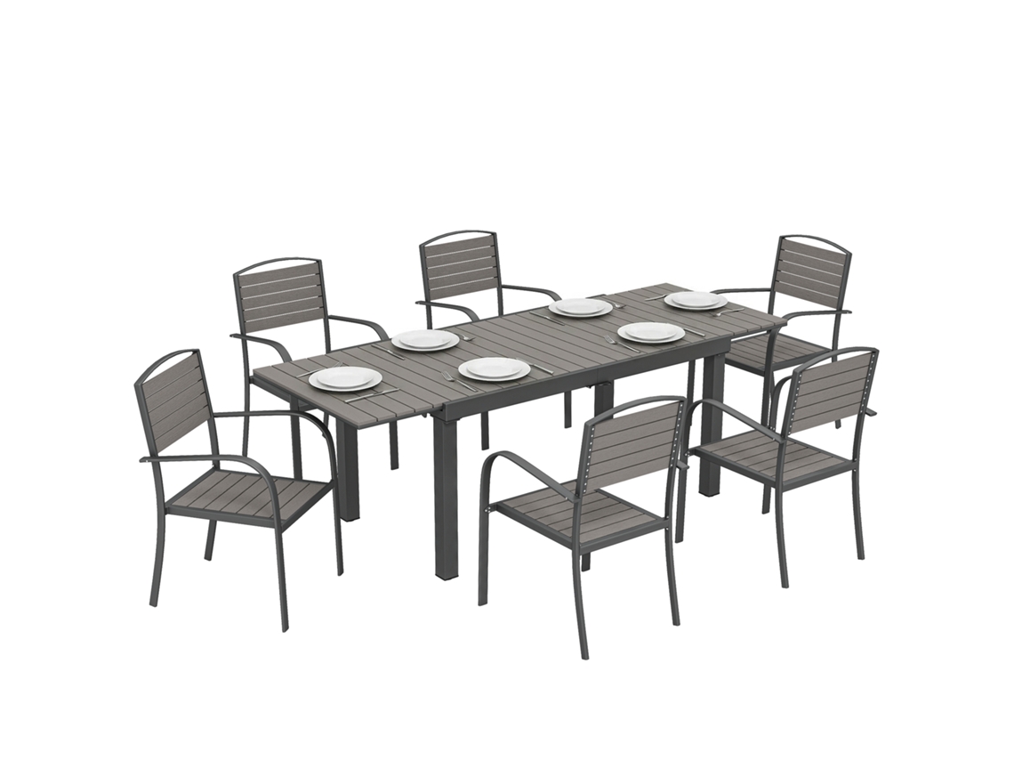 Conjunto de muebles de jardín de 7 piezas, aluminio, efecto madera.