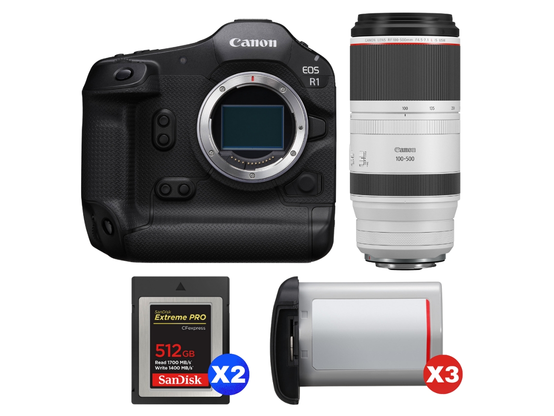 EOS R1 + RF 100 500mm F/4.5 7.1 L IS USM + 2 Sandisk 512GB Extreme Pro Cfexpress Tipo B + 3 Canon LP E19 + Libro electrónico Pricedirect CANON