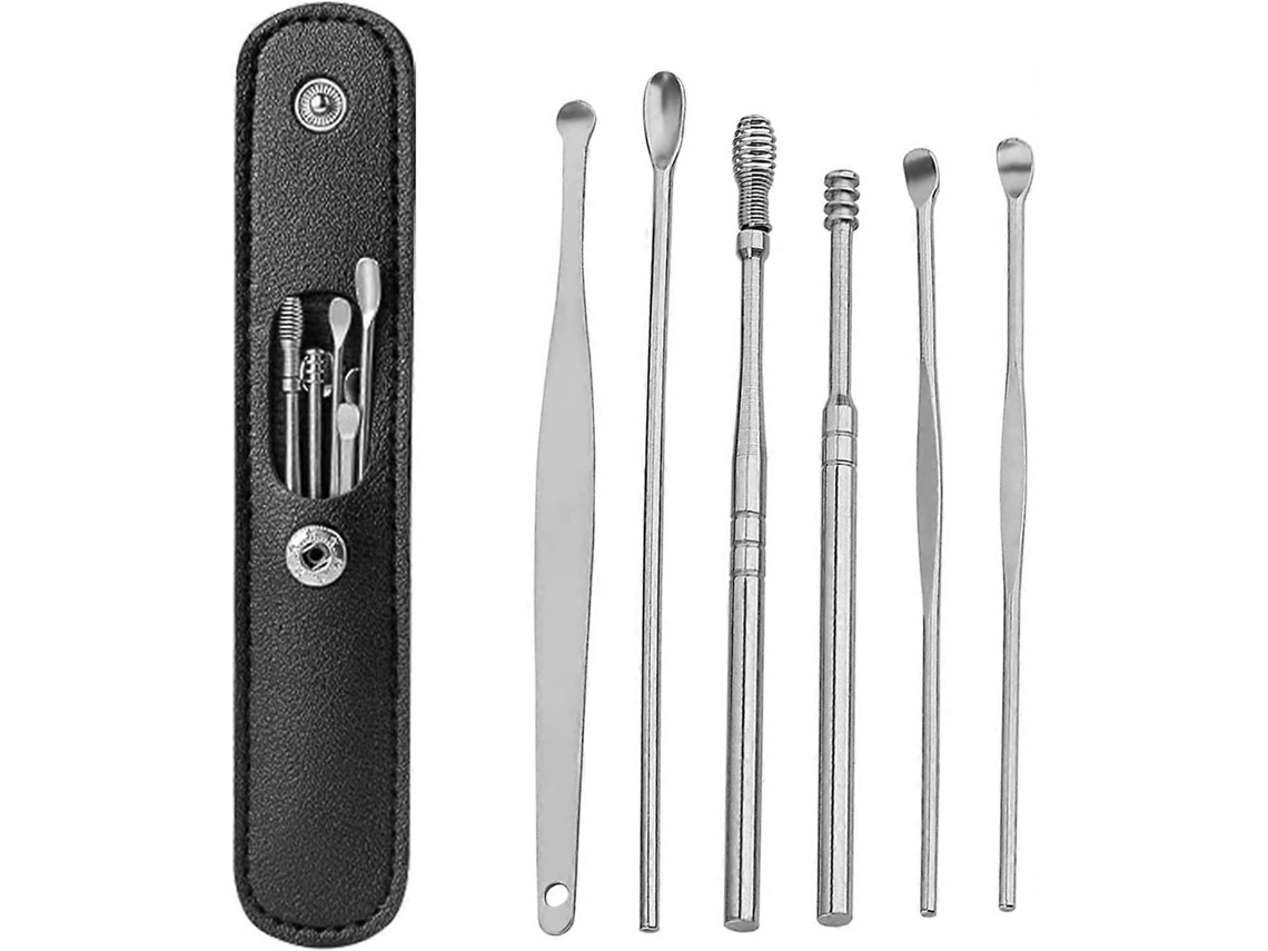 Kit De Retiro De Cera Del Oído 7 Piezas De Acero Inoxidable Con Bolsa Portátil Negro