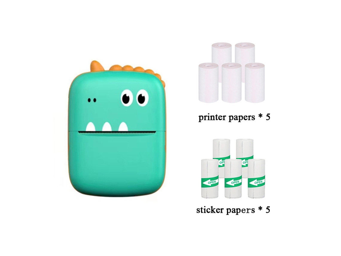 Mini Impresora Portátil Little Dinosaur Verde 5 Rollos De Papel De Impresión 5 Rollos De Pegatinas SIURN