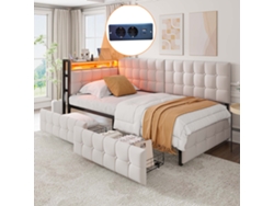 Sofá Cama 90 X 200 Cm, Cama Tapizada Con 2 Cajones, Cama Barco Infantil, Sofá Cama, Cama Individual, Beige