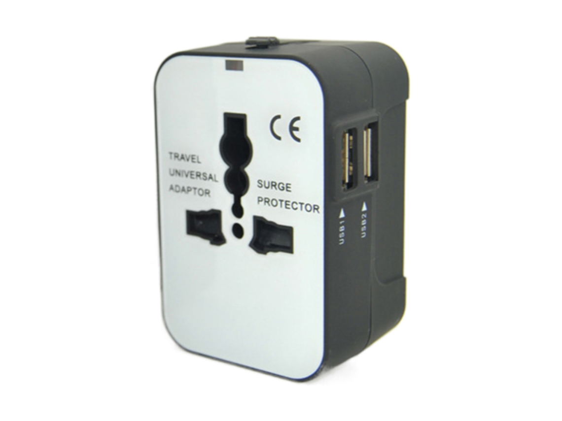 Adaptador de viaje universal para 150 países con enchufes de Reino Unido, EE. UU., UE y Australia y 2 puertos USB.