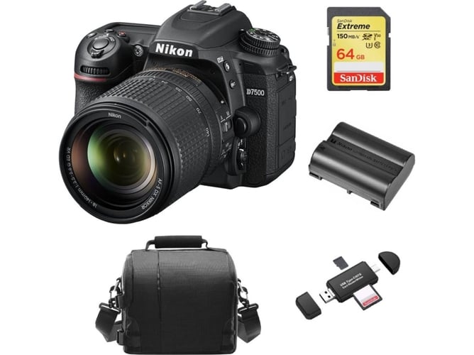 Kit Cámara Réflex NIKON D7500 AF-S 18-140mm F3.5-5.6G ED VR DX + 64GB SD + EN-EL15A + Lector tarjetas
