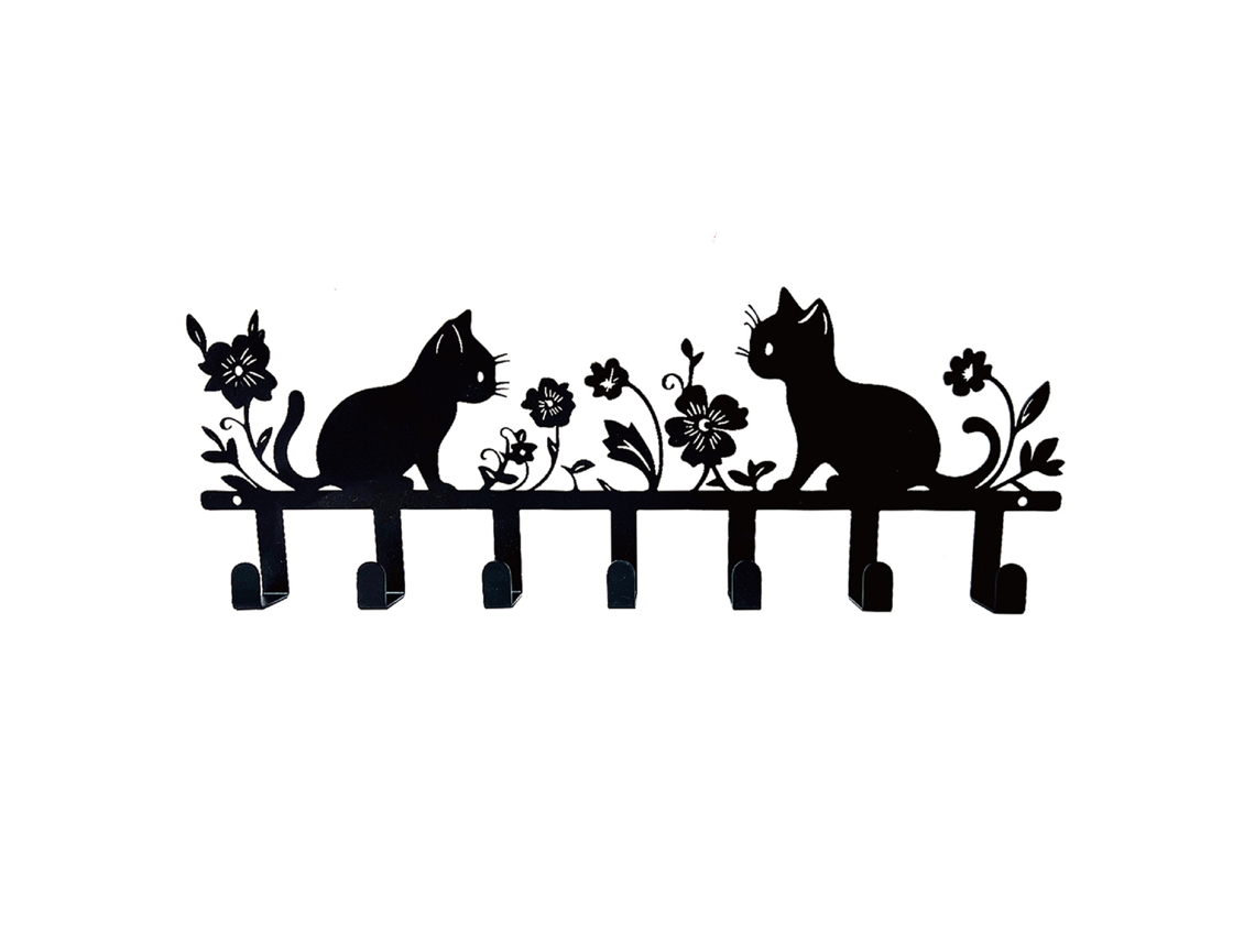 Gancho decorativo de hierro con dos gatos para llaves y toallas.