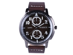 Reloj De Pulsera Redondo Dorado Para Hombre Con Correa De Piel Sintética Y Movimiento De Cuarzo Marrón Oscuro.